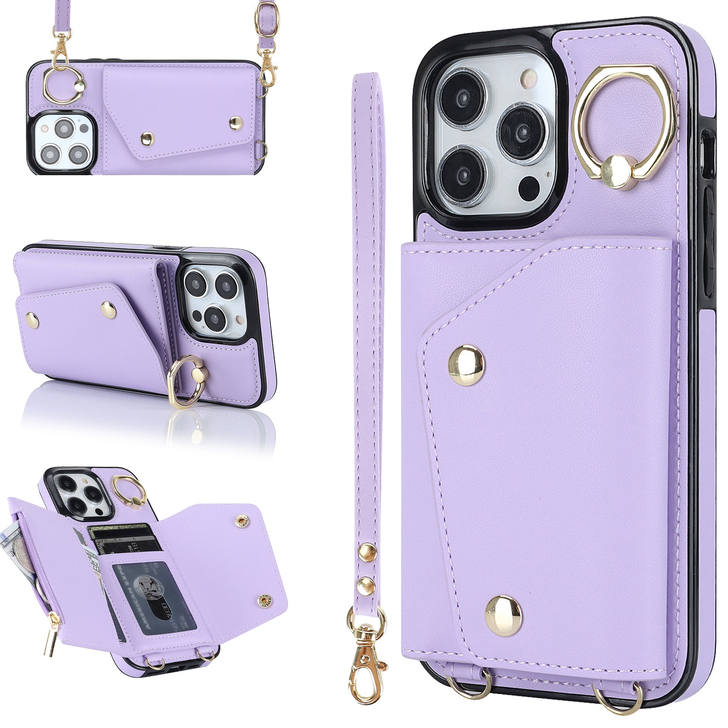 Zip Wallet Ring Kickstand Pouzdro na telefon iPhone 14 Pro PU Leather Coated TPU Crossbody Phone Cover Zip Wallet Ring Kickstand Pouzdro na telefon iPhone 14 Pro PU Leather Coated TPU Crossbody Phone Cover